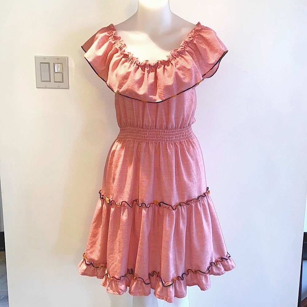NEW** 70s Vintage Pink & Rainbow Ruffle Dress